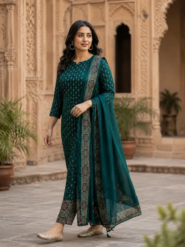 Floral_Printed_Pure_Cotton_Round_Neck_Green_Kurta_Trouser_&_Dupatta_Set