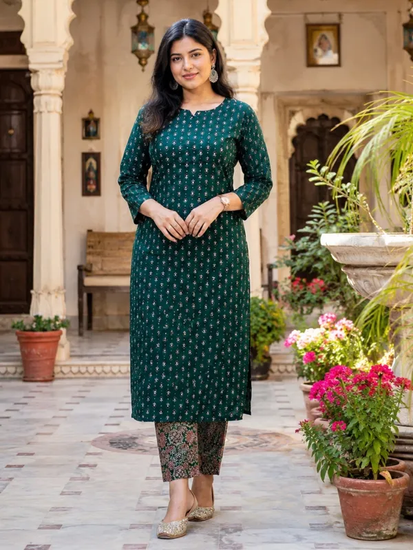 Floral_Printed_Pure_Cotton_Round_Neck_Green_Kurta_Trouser_&_Dupatta_Set