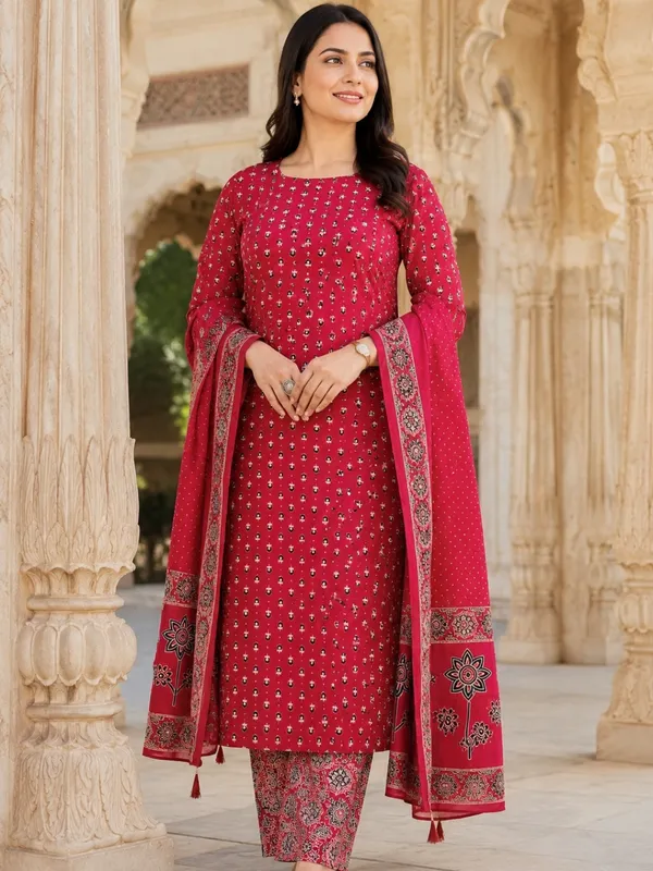 Floral_Printed_Pure_Cotton_Round_Neck_Red_Kurta_Trouser_&_Dupatta_Set