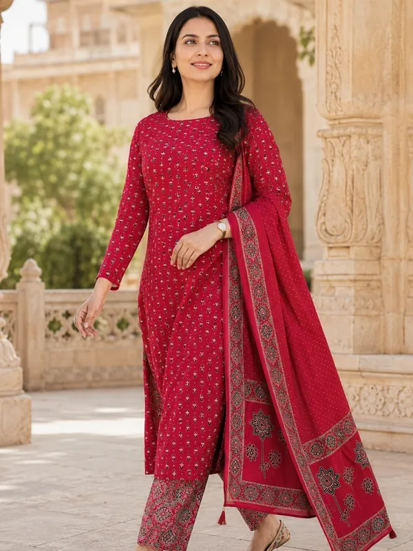 Floral_Printed_Pure_Cotton_Round_Neck_Red_Kurta_Trouser_&_Dupatta_Set