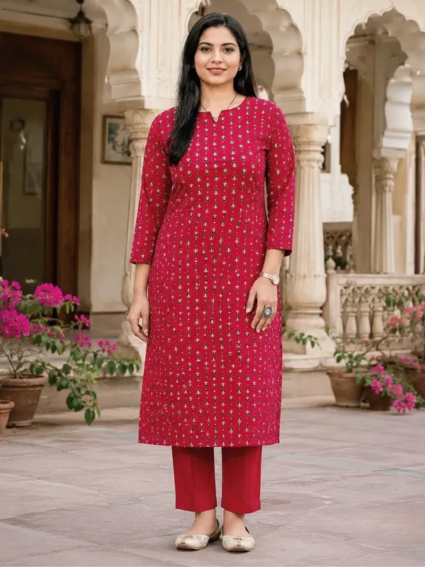 Floral_Printed_Pure_Cotton_Round_Neck_Red_Kurta_Trouser_&_Dupatta_Set