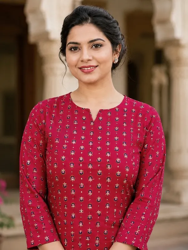 Floral_Printed_Pure_Cotton_Round_Neck_Red_Kurta_Trouser_&_Dupatta_Set