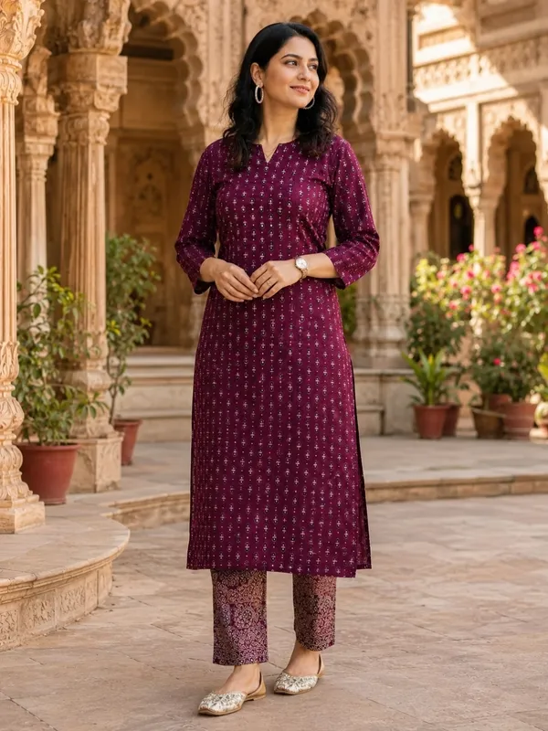 Floral_Printed_Pure_Cotton_Round_Neck_Wine_Kurta_Trouser_&_Dupatta_Set