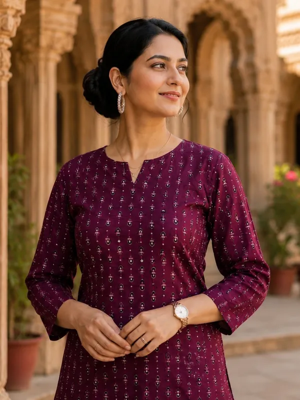 Floral_Printed_Pure_Cotton_Round_Neck_Wine_Kurta_Trouser_&_Dupatta_Set