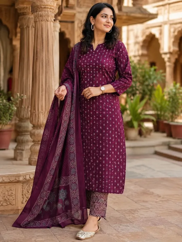 Floral_Printed_Pure_Cotton_Round_Neck_Wine_Kurta_Trouser_&_Dupatta_Set