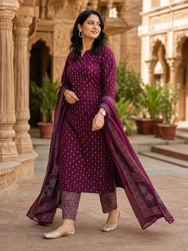Floral_Printed_Pure_Cotton_Round_Neck_Wine_Kurta_Trouser_&_Dupatta_Set