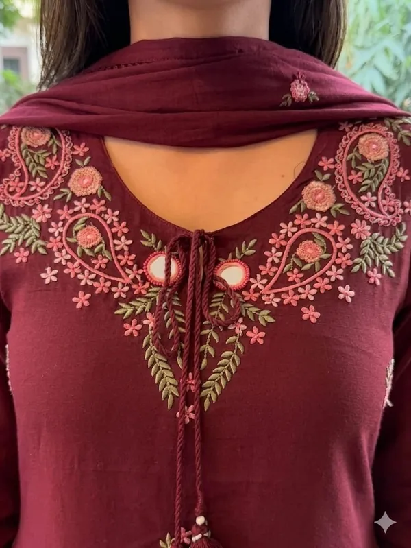 Floral_Embroidered_Pure_Cotton_Round_Neck_Kurta_Trouser_&_Dupatta_Set