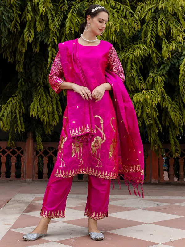 Floral_Printed_Cotton_Silk_Round_Neck_Kurta_Trouser_&_Dupatta_Set