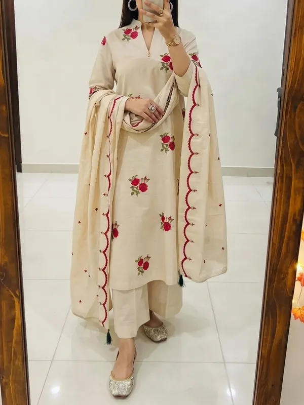 Floral_Printed_Pure_Cotton_Round_Neck_Cream_Kurta_Trouser_&_Dupatta_Set