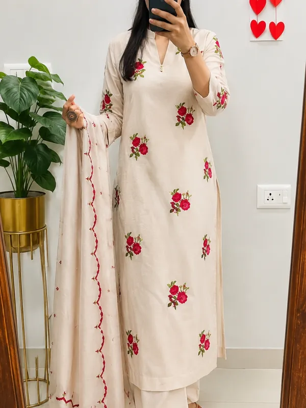 Floral_Printed_Pure_Cotton_Round_Neck_Cream_Kurta_Trouser_&_Dupatta_Set