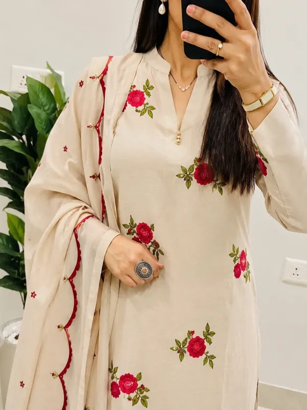 Floral_Printed_Pure_Cotton_Round_Neck_Cream_Kurta_Trouser_&_Dupatta_Set