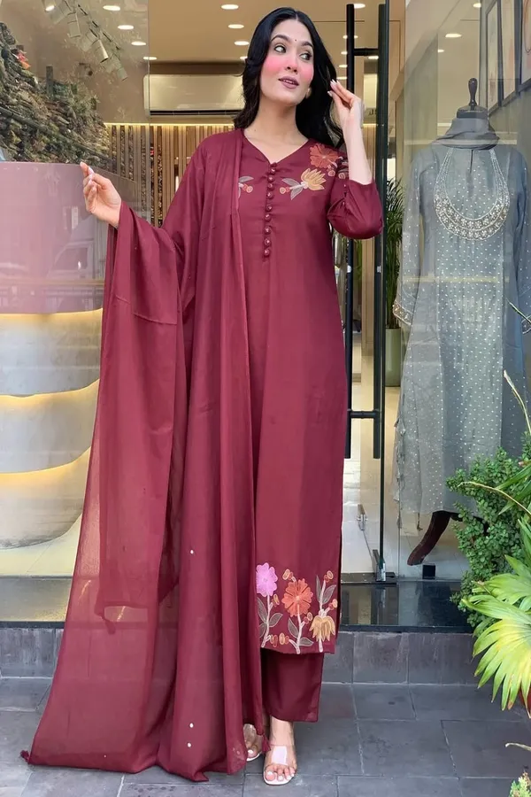 Floral_Embroidered_Pure_Cotton_V_Neck_Kurta_Trouser_&_Dupatta_Set