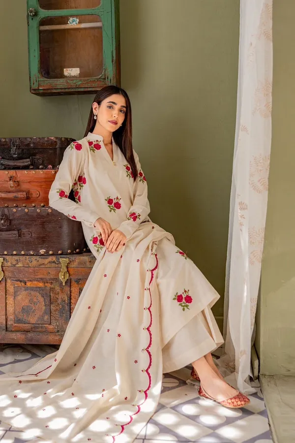 Floral_Embroidered_Pure_Cotton_Coller_Neck_Kurta_Trouser_&_Dupatta_Set