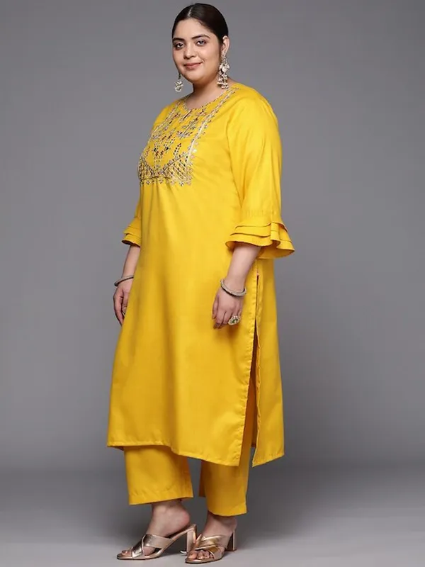 Mustard_Floral_Embroidered_Cotton_Kurta_Trouser_Dupatta_Set