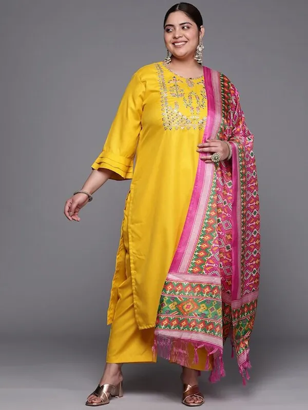 Mustard_Floral_Embroidered_Cotton_Kurta_Trouser_Dupatta_Set