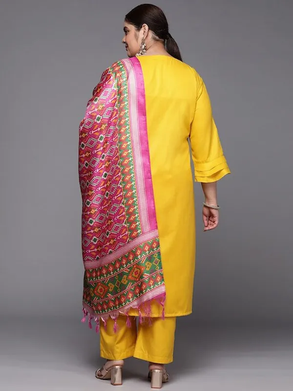 Mustard_Floral_Embroidered_Cotton_Kurta_Trouser_Dupatta_Set