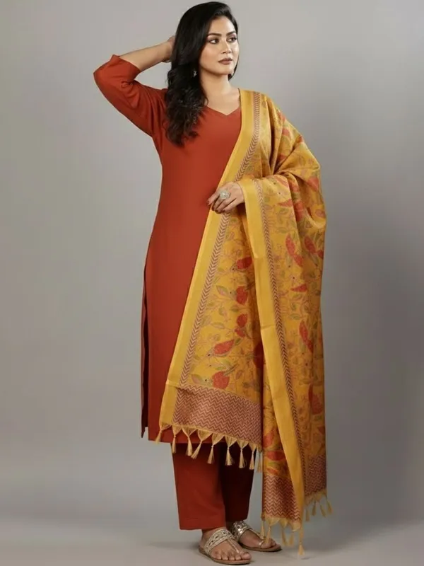 Orange_Floral_Printed_Cotton_Blend_Kurta_Trouser_Dupatta_Set