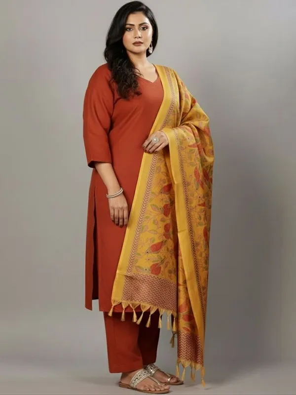 Orange_Floral_Printed_Cotton_Blend_Kurta_Trouser_Dupatta_Set