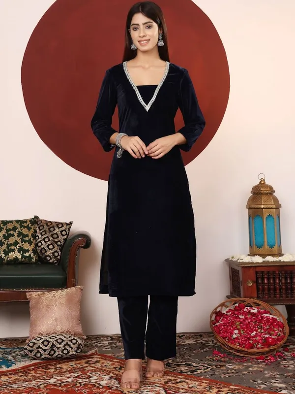 Navy_Blue_Floral_Printed_Velvet_Kurta_Trouser_Set