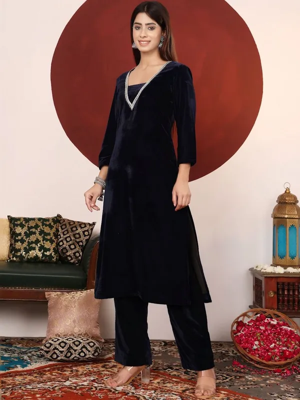 Navy_Blue_Floral_Printed_Velvet_Kurta_Trouser_Set