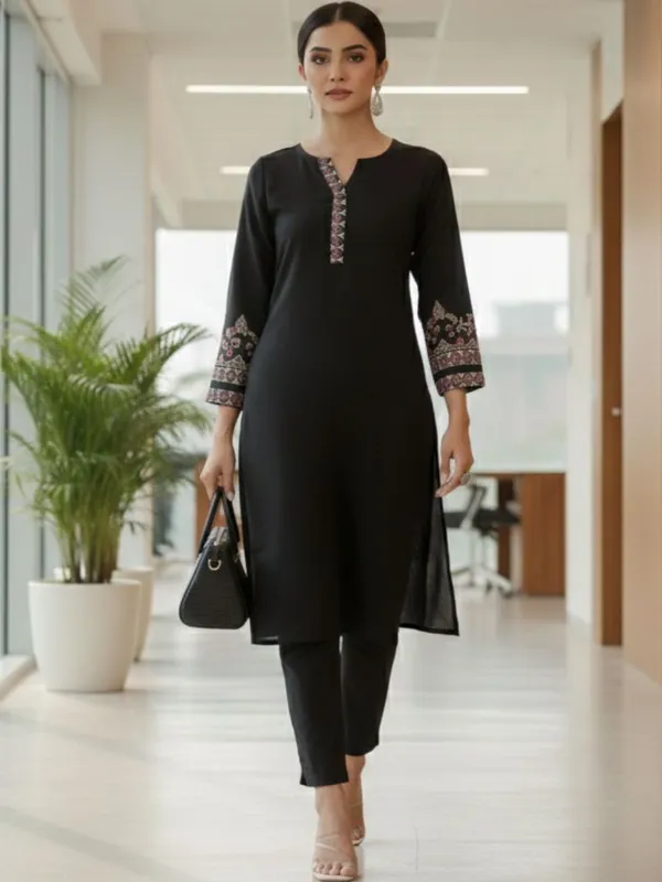 Black_Floral_Embroidered_Cotton_Blend_Kurta_Trouser_Dupatta_Set