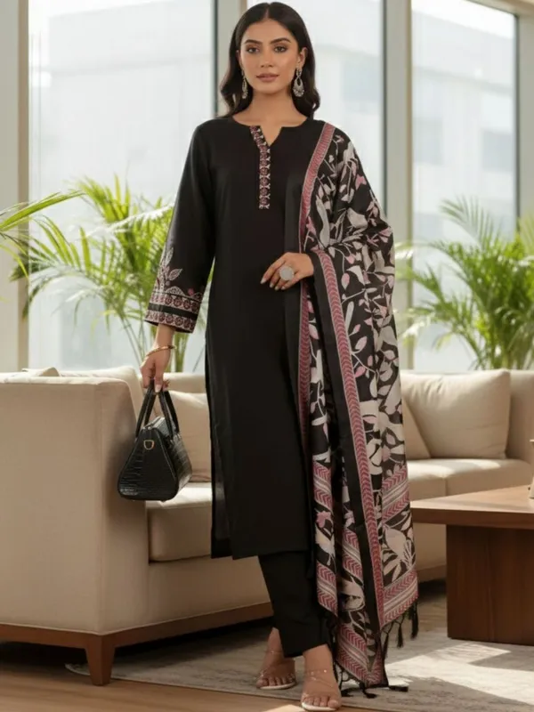 Black_Floral_Embroidered_Cotton_Blend_Kurta_Trouser_Dupatta_Set