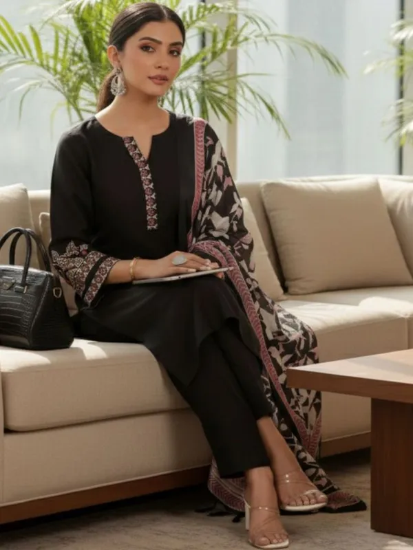 Black_Floral_Embroidered_Cotton_Blend_Kurta_Trouser_Dupatta_Set