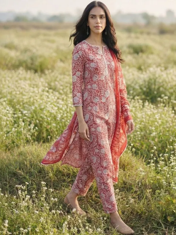 Red_Floral_Printed_Cotton_Blend_Kurta_Trouser_Dupatta_Set