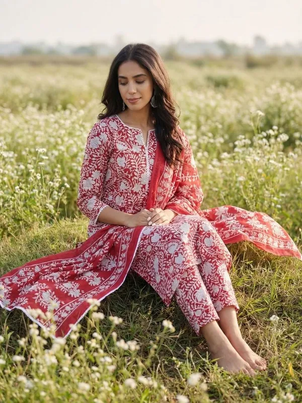Red_Floral_Printed_Cotton_Blend_Kurta_Trouser_Dupatta_Set