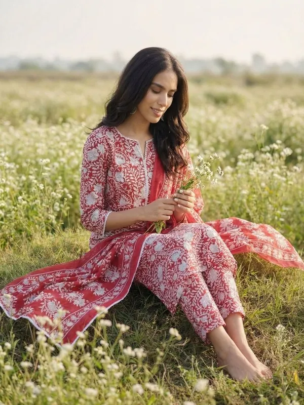 Red_Floral_Printed_Cotton_Blend_Kurta_Trouser_Dupatta_Set