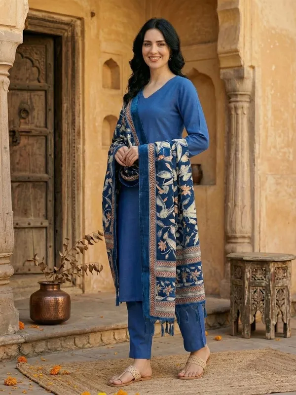 Blue_Floral_Printed_Cotton_Blend_Kurta_Trouser_Dupatta_Set