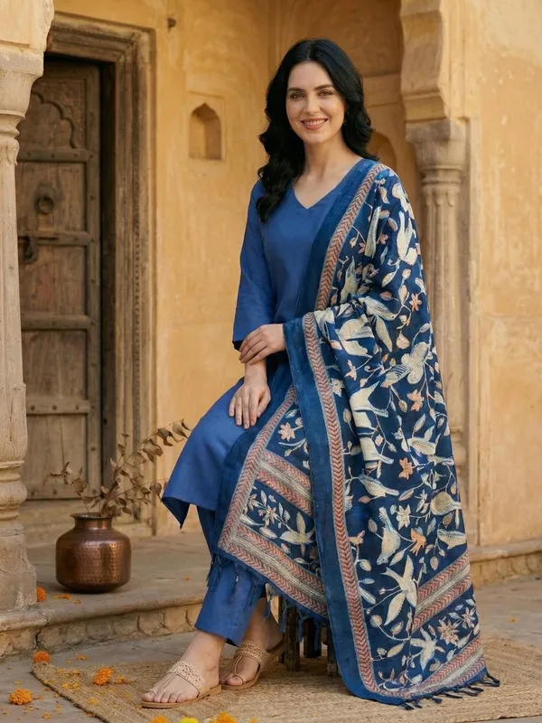 Blue_Floral_Printed_Cotton_Blend_Kurta_Trouser_Dupatta_Set