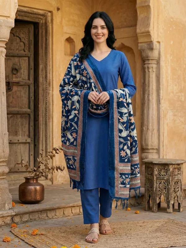 Blue_Floral_Printed_Cotton_Blend_Kurta_Trouser_Dupatta_Set