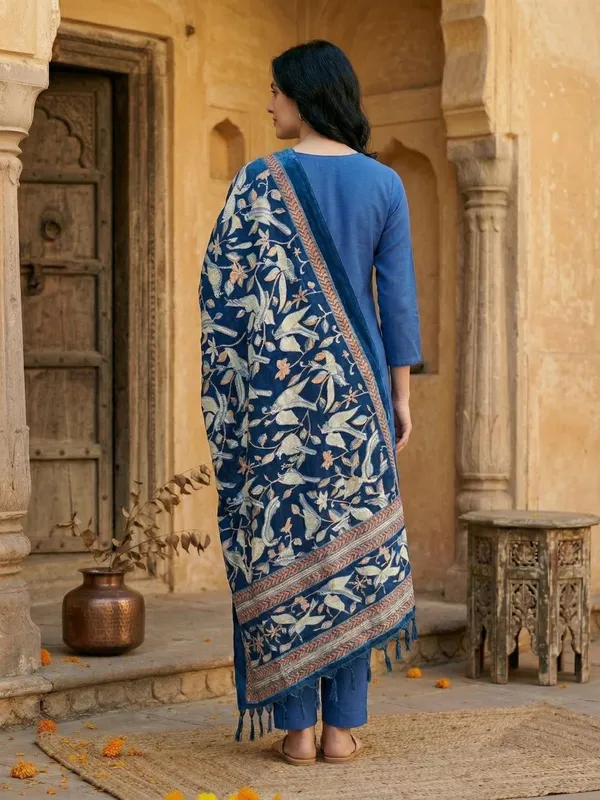 Blue_Floral_Printed_Cotton_Blend_Kurta_Trouser_Dupatta_Set