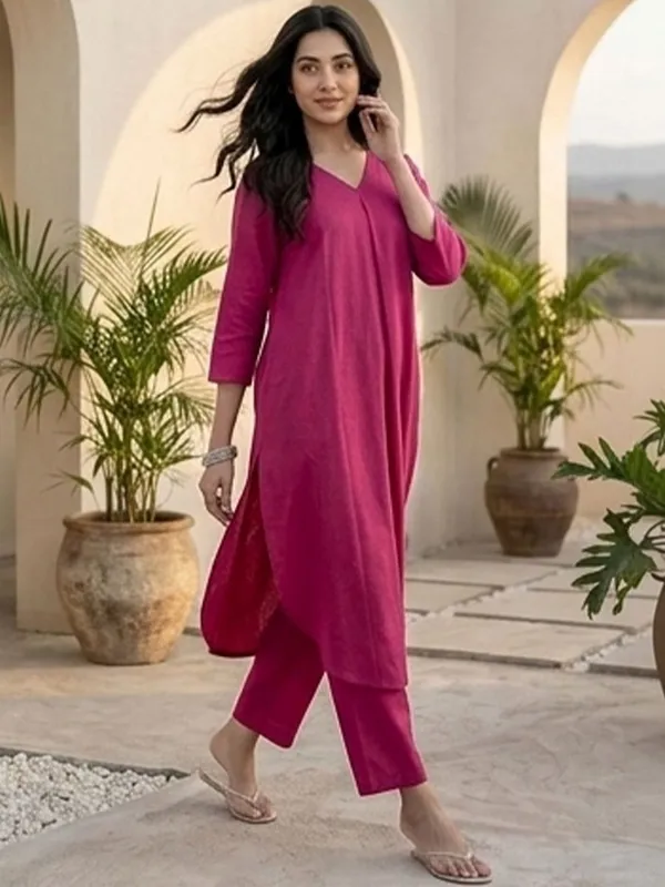 Pink_Floral_Printed_Cotton_Blend_Kurta_Trouser_Set