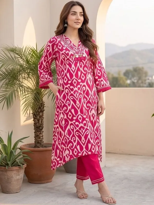 Pink_Floral_Printed_Cotton_Kurta_Trouser_Set