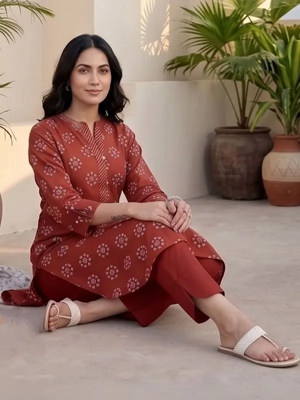 Red_Floral_Printed_Cotton_Blend_Kurta_Trouser_Set