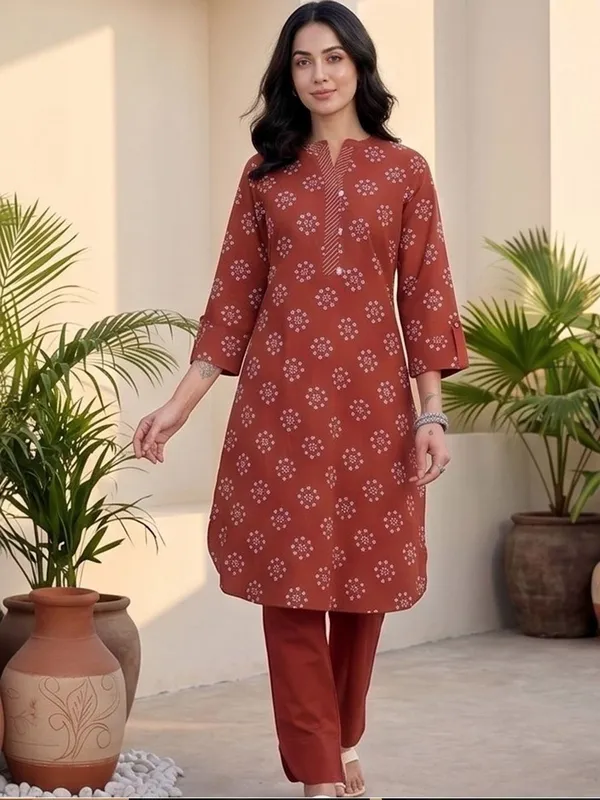 Red_Floral_Printed_Cotton_Blend_Kurta_Trouser_Set