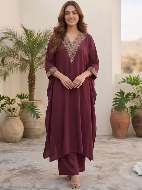 Maroon_Floral_Embroidered_Silk_Blend_Kurta_Trouser_Set
