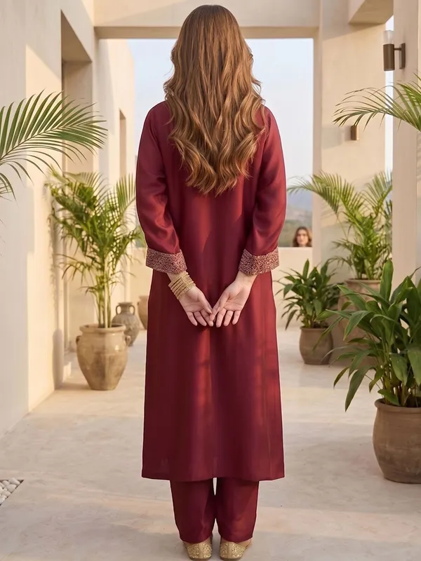 Maroon_Floral_Embroidered_Silk_Blend_Kurta_Trouser_Set