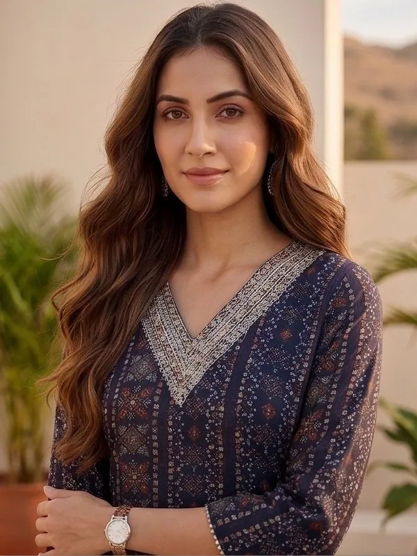 Navy_Blue_Floral_Printed_Cotton_Blend_Kurta_Trouser_Dupatta_Set