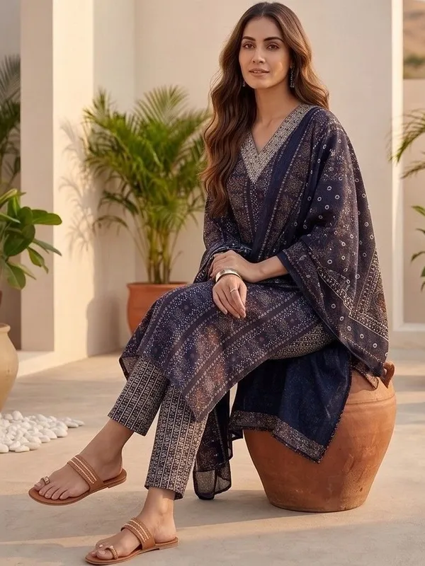 Navy_Blue_Floral_Printed_Cotton_Blend_Kurta_Trouser_Dupatta_Set