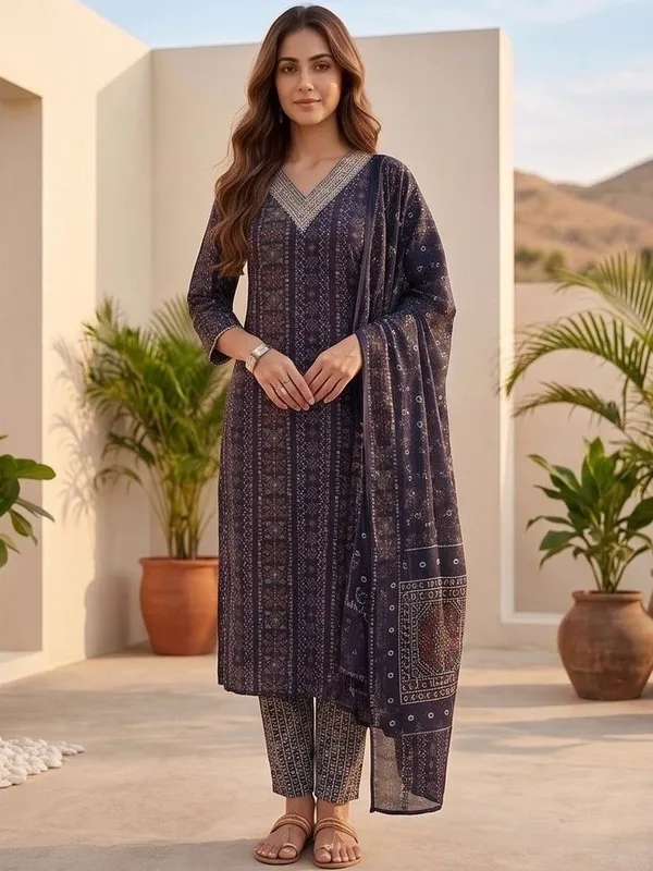 Navy_Blue_Floral_Printed_Cotton_Blend_Kurta_Trouser_Dupatta_Set