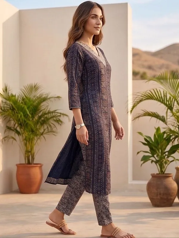 Navy_Blue_Floral_Printed_Cotton_Blend_Kurta_Trouser_Dupatta_Set