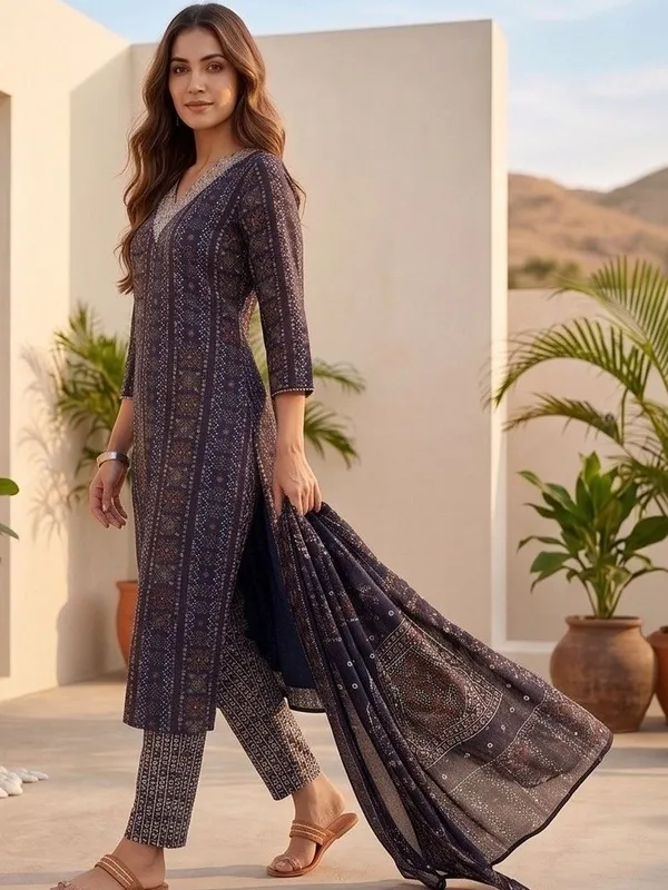 Navy_Blue_Floral_Printed_Cotton_Blend_Kurta_Trouser_Dupatta_Set