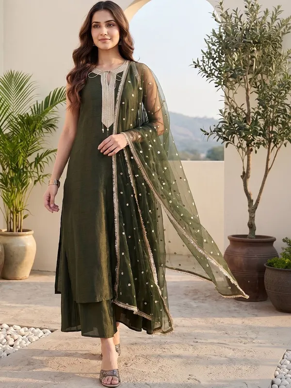 Olive_Floral_Embroidered_Silk_Blend_Kurta_Palazzo_Dupatta_Set