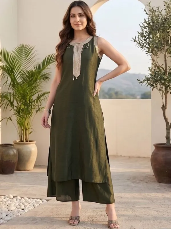 Olive_Floral_Embroidered_Silk_Blend_Kurta_Palazzo_Dupatta_Set