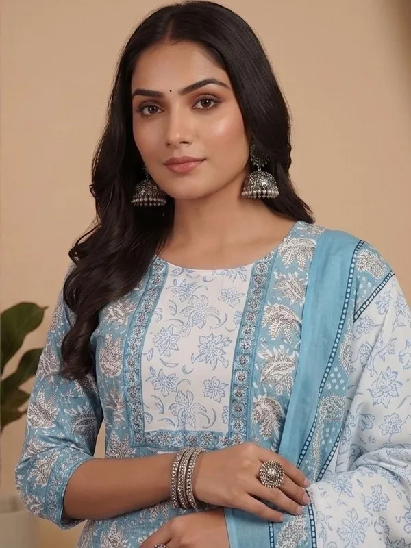 Blue_Floral_Printed_Cotton_Blend_Kurta_Patiala_Dupatta_Set
