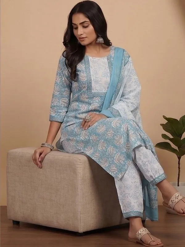 Blue_Floral_Printed_Cotton_Blend_Kurta_Patiala_Dupatta_Set