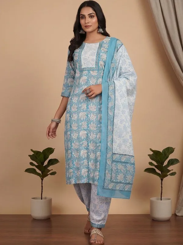 Blue_Floral_Printed_Cotton_Blend_Kurta_Patiala_Dupatta_Set